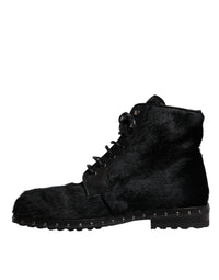 Dolce & Gabbana Black Pony Style Leather Mid Calf Boots Men's Shoes