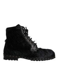 Dolce & Gabbana Black Pony Style Leather Mid Calf Boots Men's Shoes