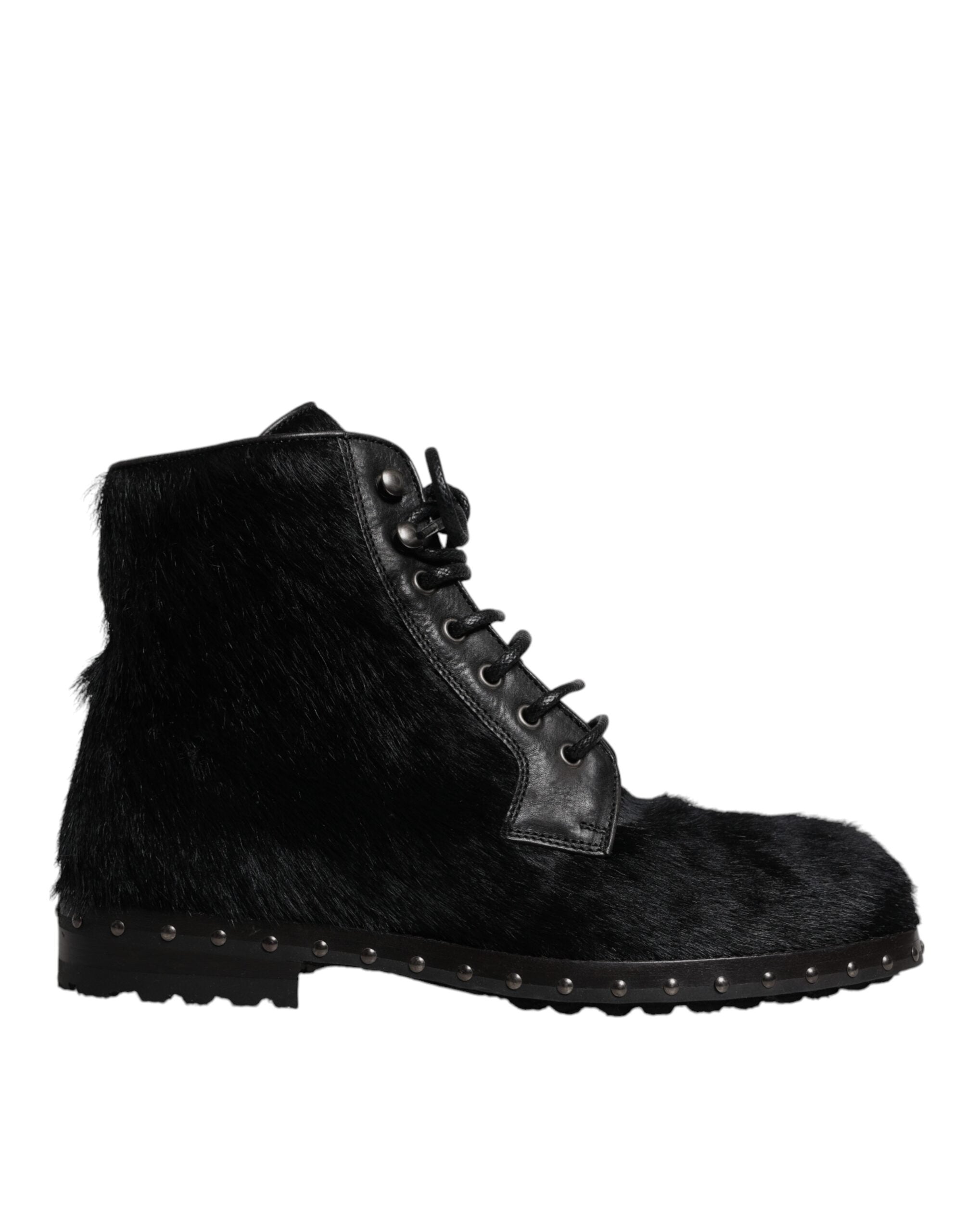 Dolce & Gabbana Black Pony Style Leather Mid Calf Boots Men's Shoes