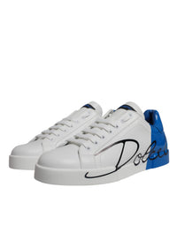 Dolce & Gabbana White Blue Leather Logo Low Top Sneakers Men's Shoes