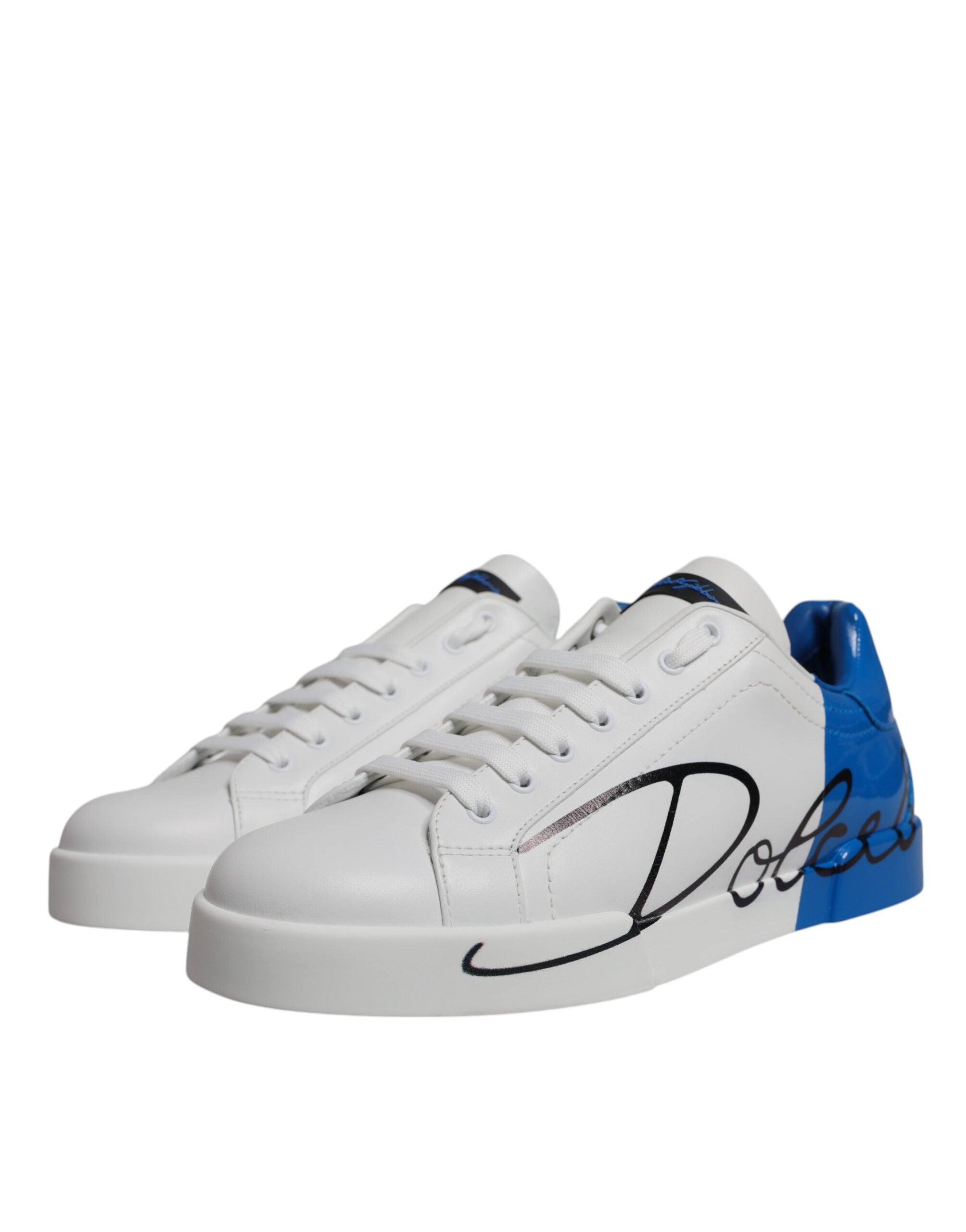 Dolce & Gabbana White Blue Leather Logo Low Top Sneakers Men's Shoes
