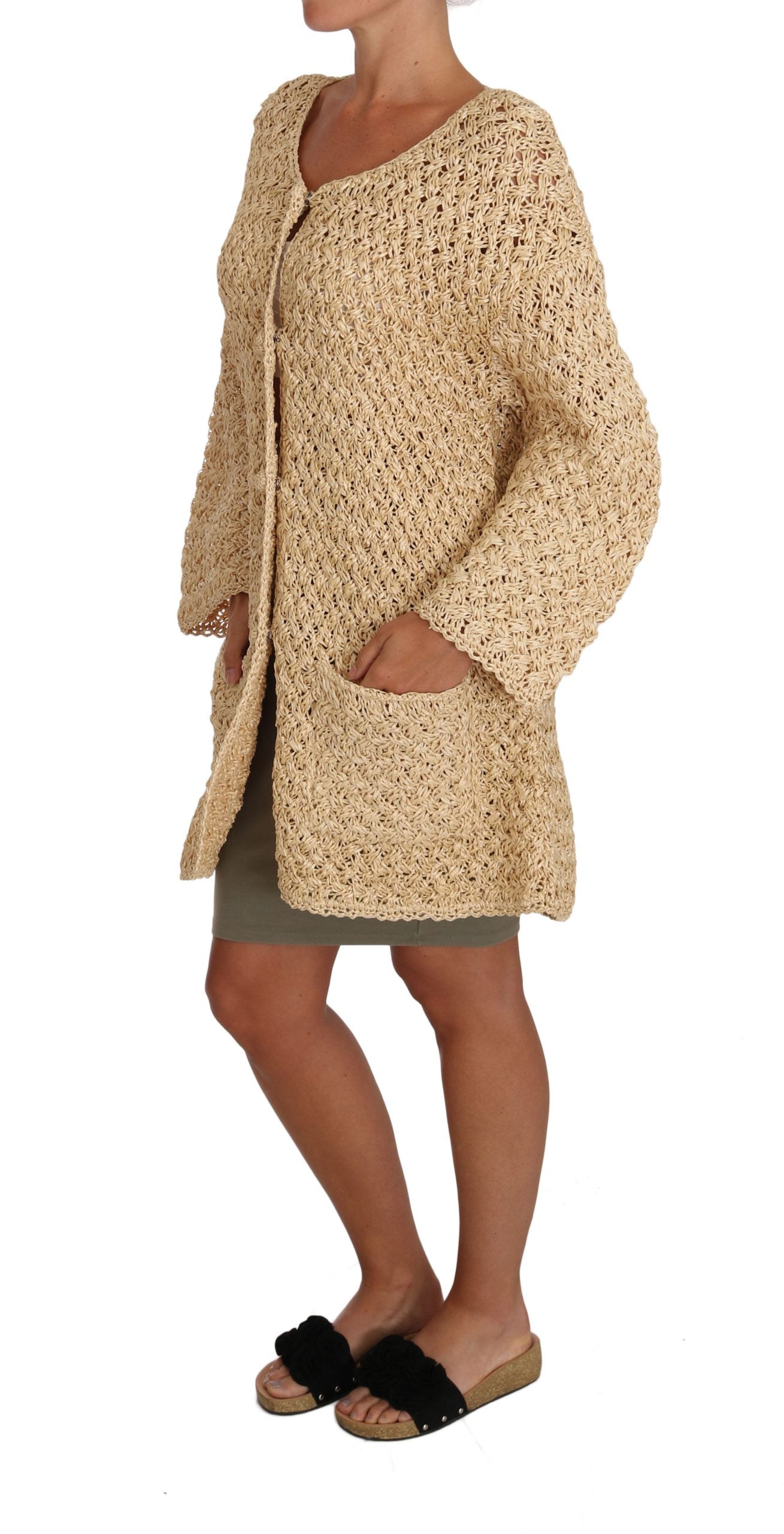 Dolce & Gabbana Dolce & Gabbana Beige Cardigan Crochet Knitted Raffia Women's Sweater