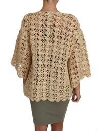 Dolce & Gabbana Beige Cardigan Crochet Knitted Raffia Women's Sweater