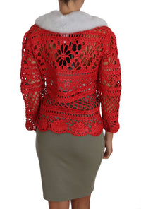 Dolce & Gabbana Dolce & Gabbana Red Cardigan Crochet Knit Raffia Women's Sweater