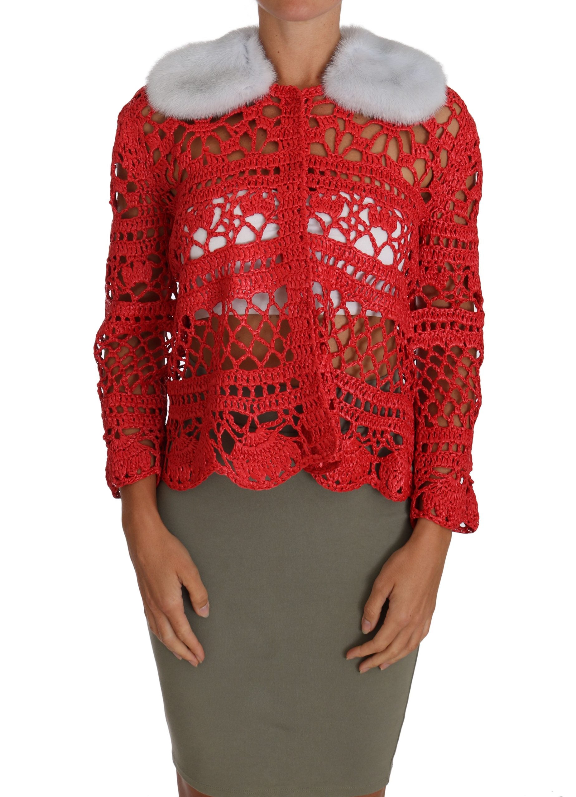 Dolce & Gabbana Dolce & Gabbana Red Cardigan Crochet Knit Raffia Women's Sweater