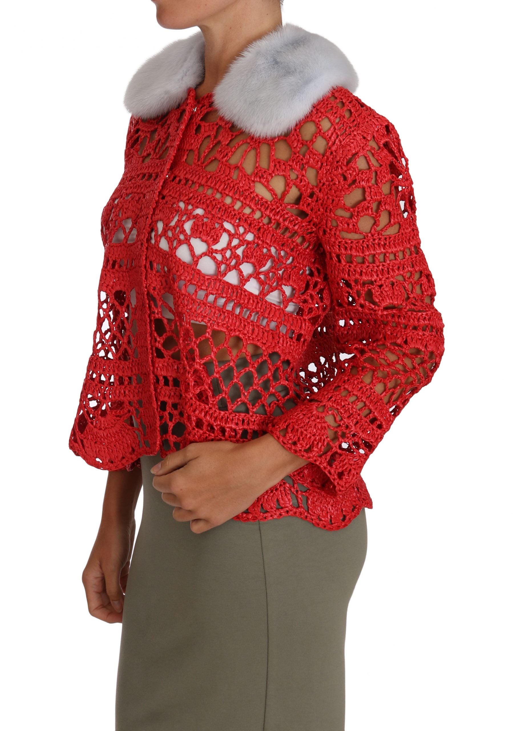Dolce & Gabbana Dolce & Gabbana Red Cardigan Crochet Knit Raffia Women's Sweater
