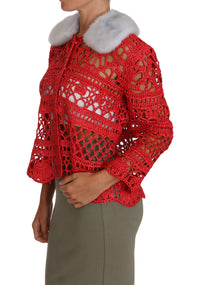 Dolce & Gabbana Dolce & Gabbana Red Cardigan Crochet Knit Raffia Women's Sweater