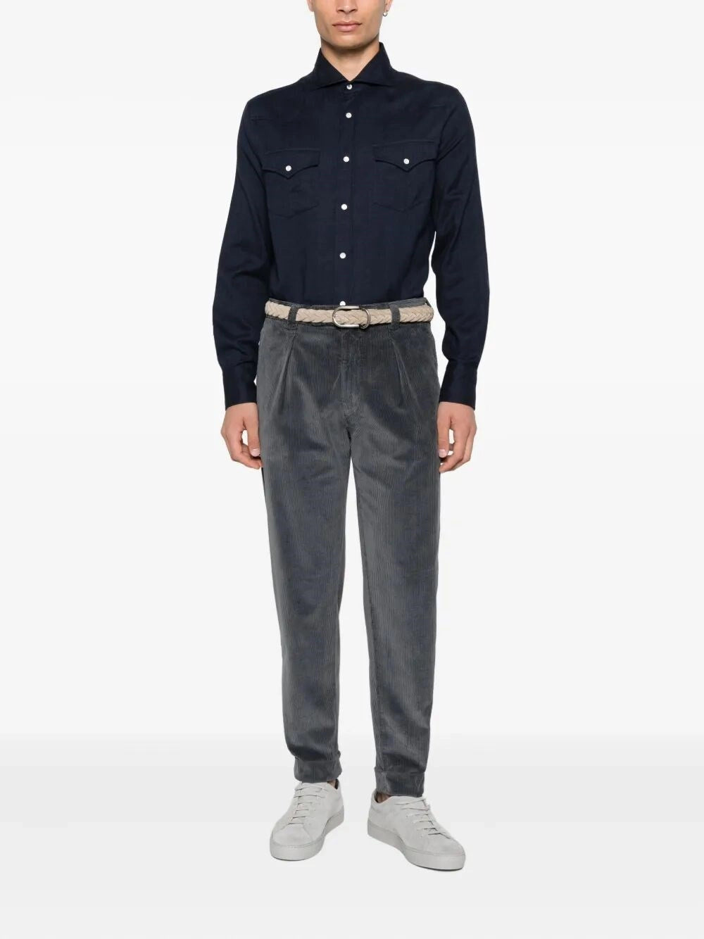 Brunello Cucinelli Men Flannel Chevron Shirt In Stretch Cotton