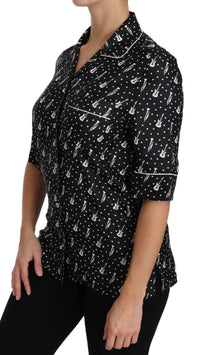 Dolce & Gabbana Black GuitarTrumpet Print Silk Shirt Women's Top