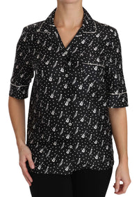 Dolce & Gabbana Black GuitarTrumpet Print Silk Shirt Women's Top