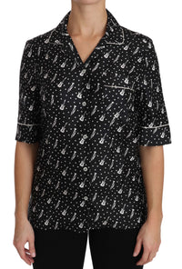 Dolce & Gabbana Black GuitarTrumpet Print Silk Shirt Women's Top