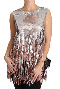 Dolce & Gabbana Golden Pink Sequined Fringe Tank Women's Top