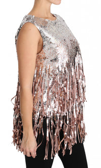 Dolce & Gabbana Golden Pink Sequined Fringe Tank Women's Top
