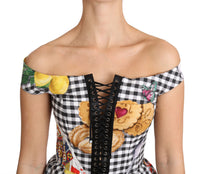 Dolce & Gabbana Black and White Corset Blouse Sicily Lemon Check Women's Top