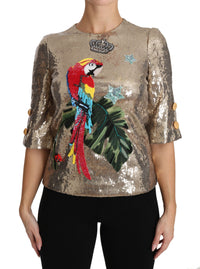 Dolce & Gabbana Gold Sequined Parrot Crystal Women's Blouse