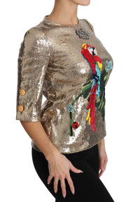 Dolce & Gabbana Gold Sequined Parrot Crystal Women's Blouse