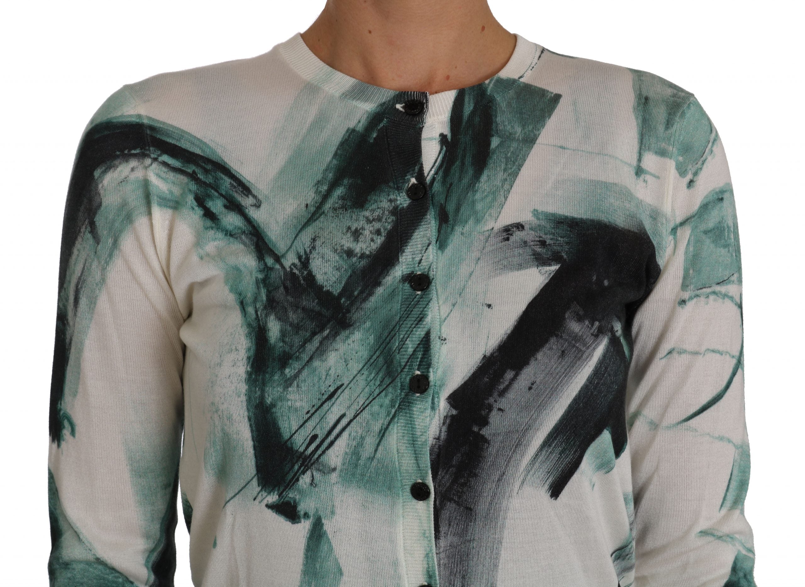 Dolce & Gabbana White Silk Cardigan Lightweight Paint Stroke Women's Sweater