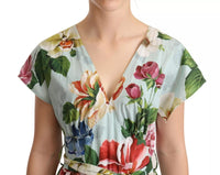 Dolce & Gabbana Green Floral Short Sleeves Cotton V-neck Women's Dress