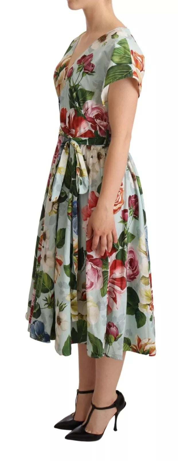 Dolce & Gabbana Green Floral Short Sleeves Cotton V-neck Women's Dress