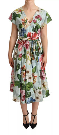 Dolce & Gabbana Green Floral Short Sleeves Cotton V-neck Women's Dress