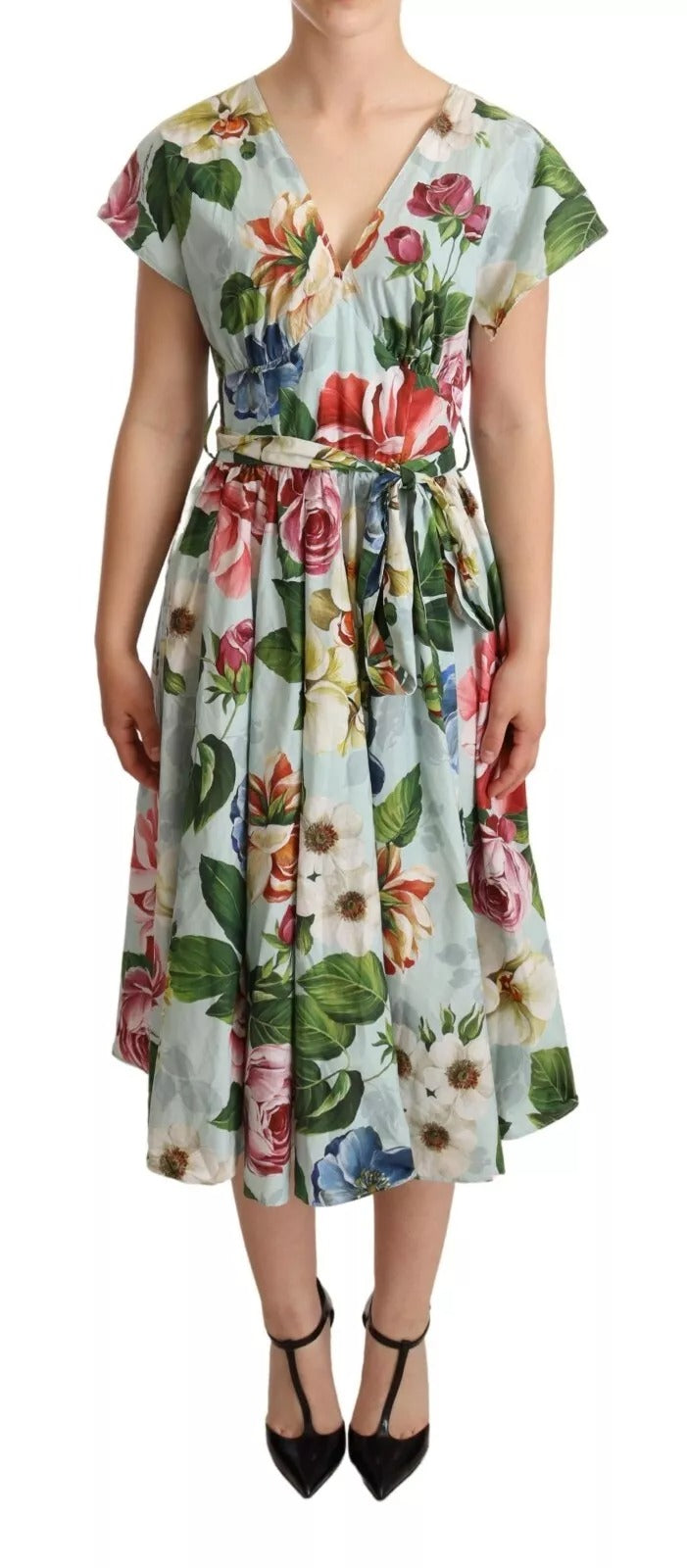 Dolce & Gabbana Green Floral Short Sleeves Cotton V-neck Women's Dress