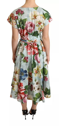 Dolce & Gabbana Green Floral Short Sleeves Cotton V-neck Women's Dress
