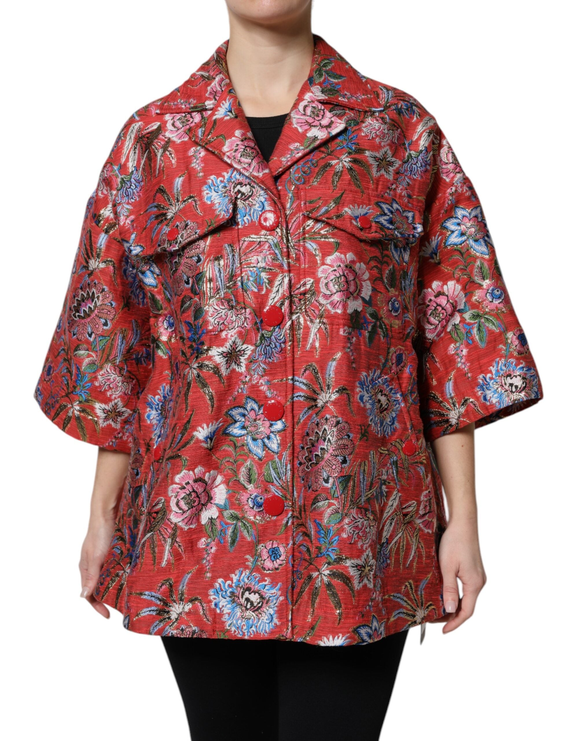 Dolce & Gabbana Dolce & Gabbana Red Floral Jacquard Button Down Coat Women's Jacket
