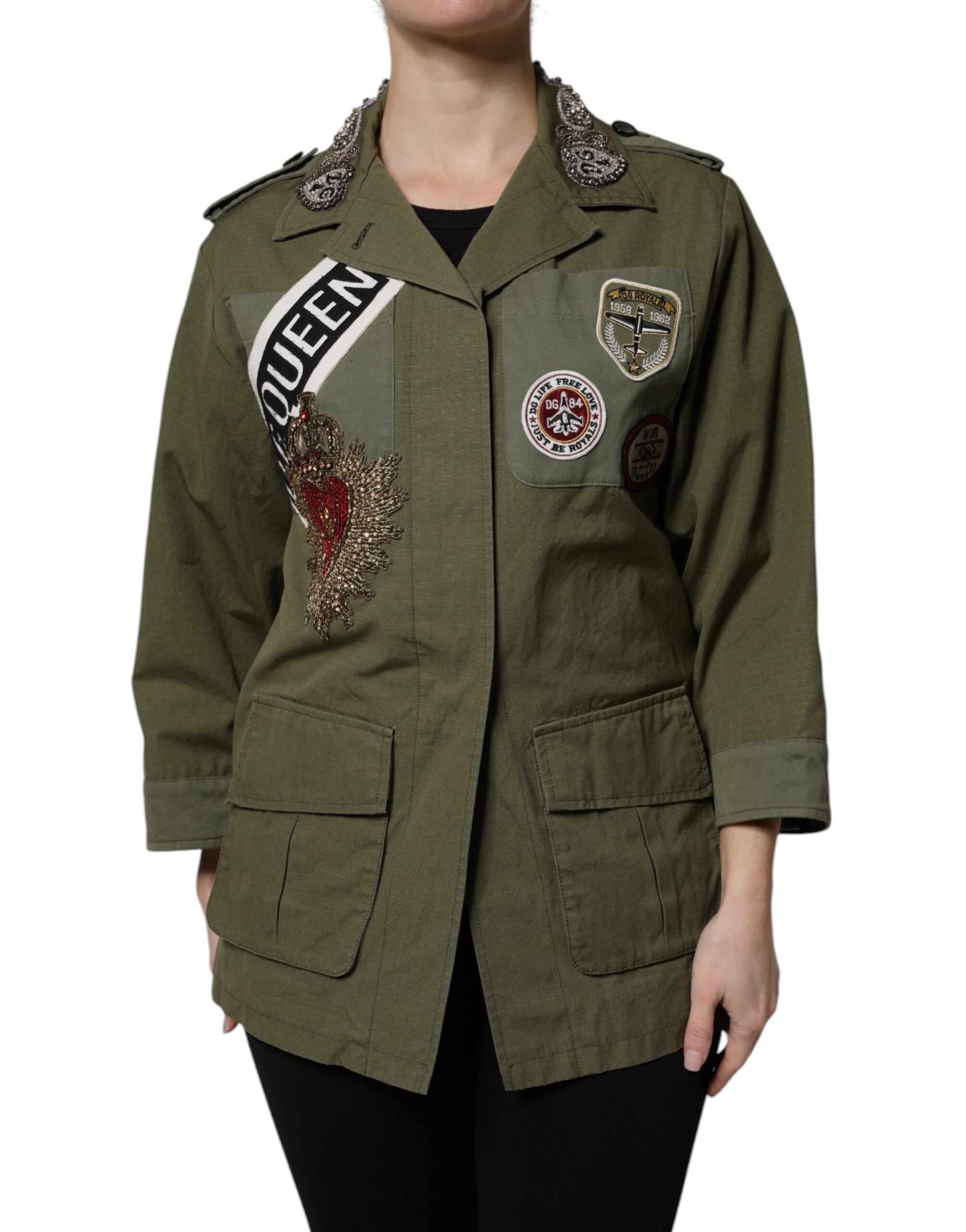 Dolce & Gabbana Dolce & Gabbana Military Green Queen Embellished Coat Women's Jacket