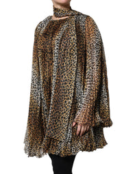 Dolce & Gabbana Brown Leopard Print Scarf Collared Chiffon Women's Dress