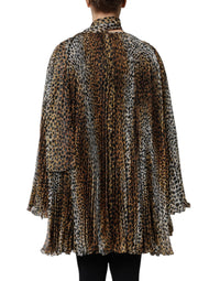 Dolce & Gabbana Brown Leopard Print Scarf Collared Chiffon Women's Dress
