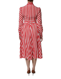 Dolce & Gabbana White Red Stripes Long Sleeves Midi Women's Dress
