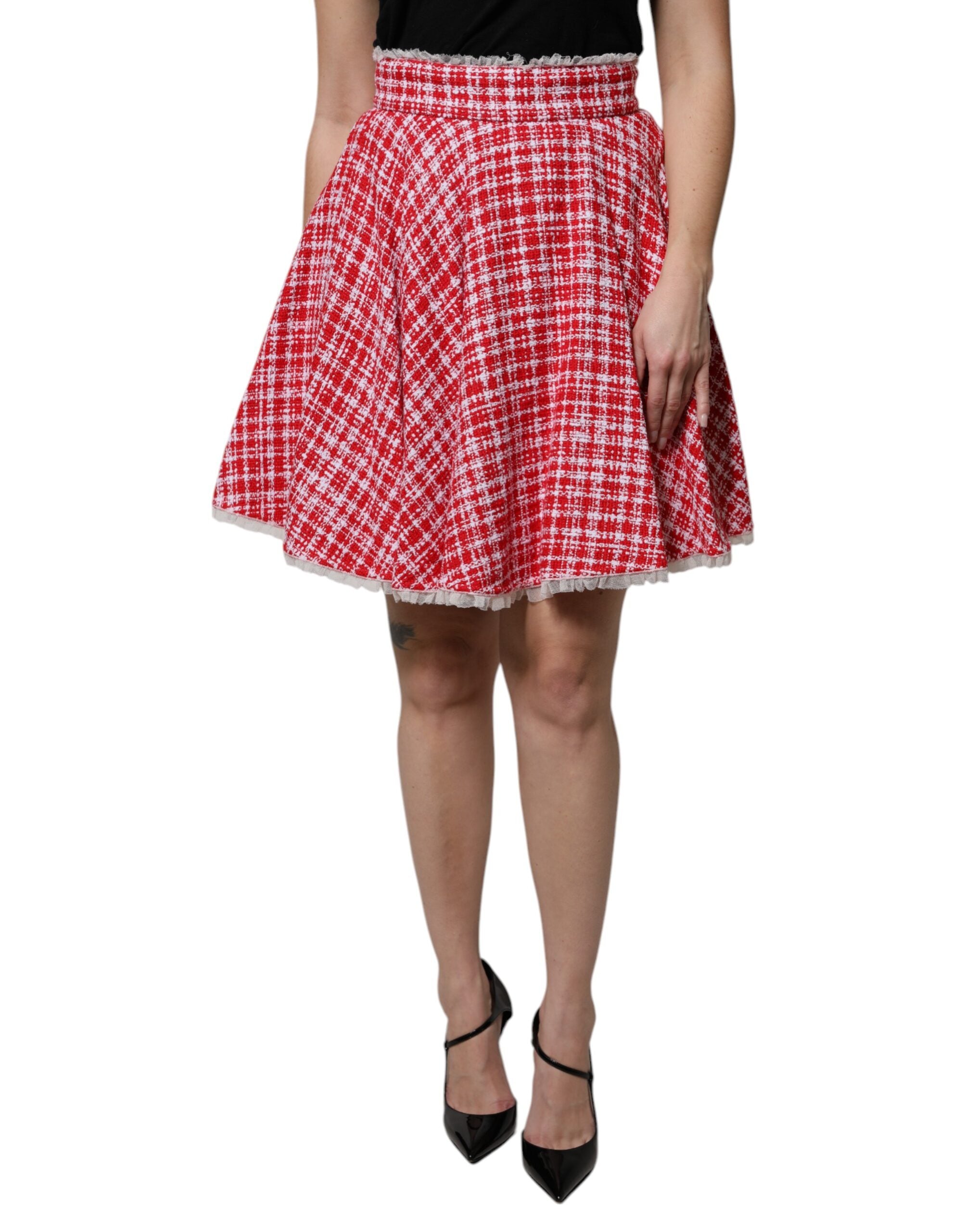Dolce & Gabbana Red White High Waist A-line Above Knee Women's Skirt