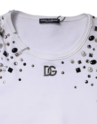 Dolce & Gabbana White Embellished Long Sleeve Cropped Women's Sweater