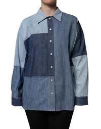 Dolce & Gabbana Blue Cotton Button Up Collared Long Sleeve Women's Top