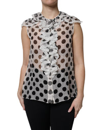 Dolce & Gabbana White Black Polka Dot Cotton Sleeveless Women's Top
