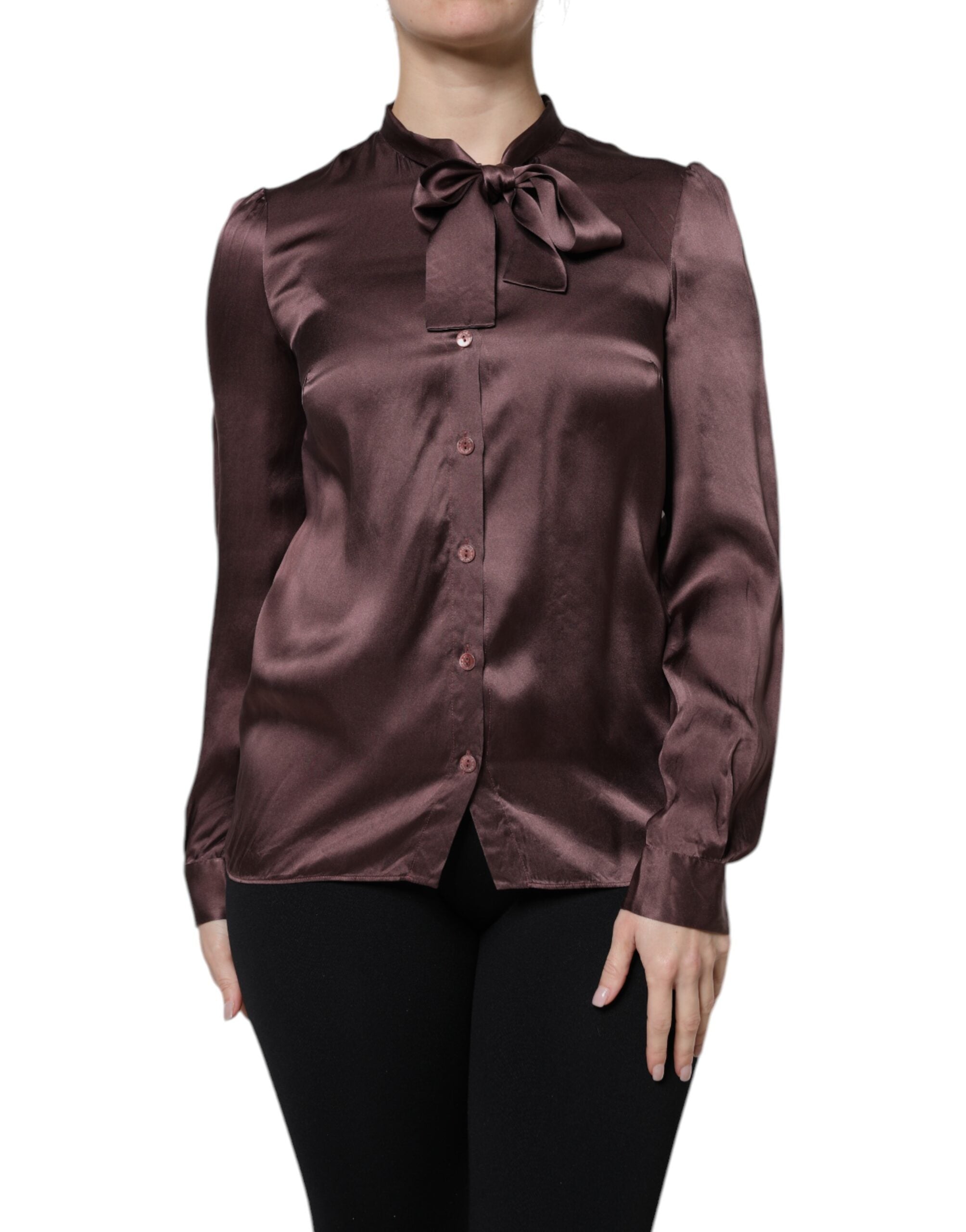 Dolce & Gabbana Brown Ascot Collar Long Sleeve Blouse Women's Top