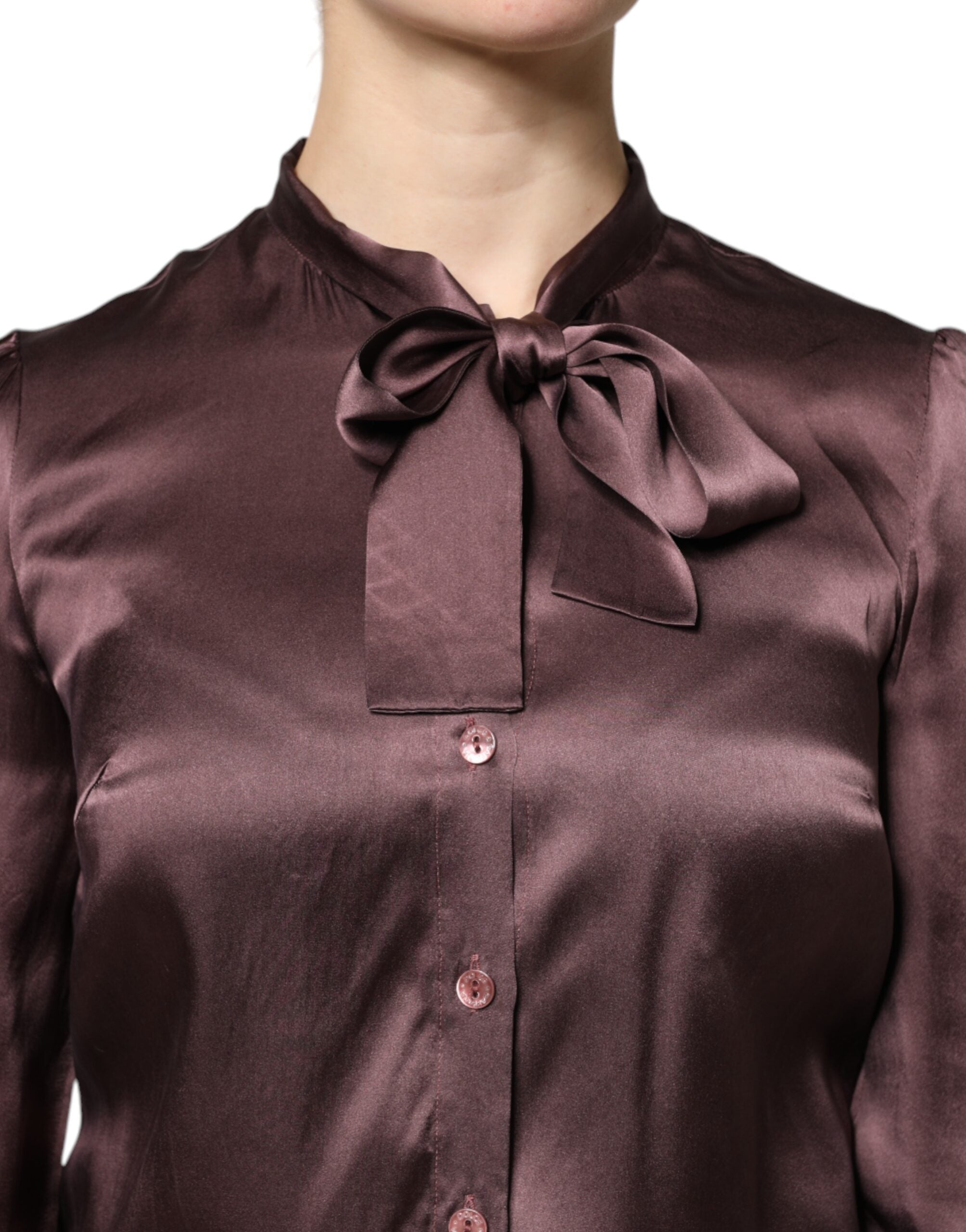 Dolce & Gabbana Brown Ascot Collar Long Sleeve Blouse Women's Top