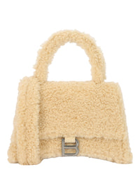 Balenciaga Womens Hourglass Faux Shearling Shoulder Bag