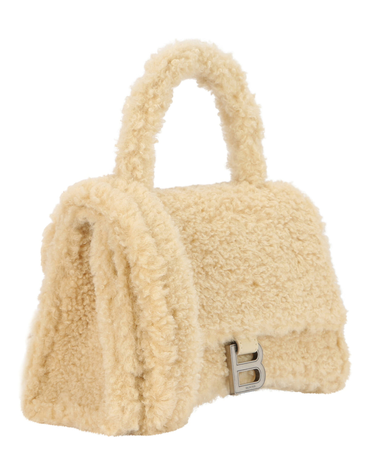Balenciaga Womens Hourglass Faux Shearling Shoulder Bag