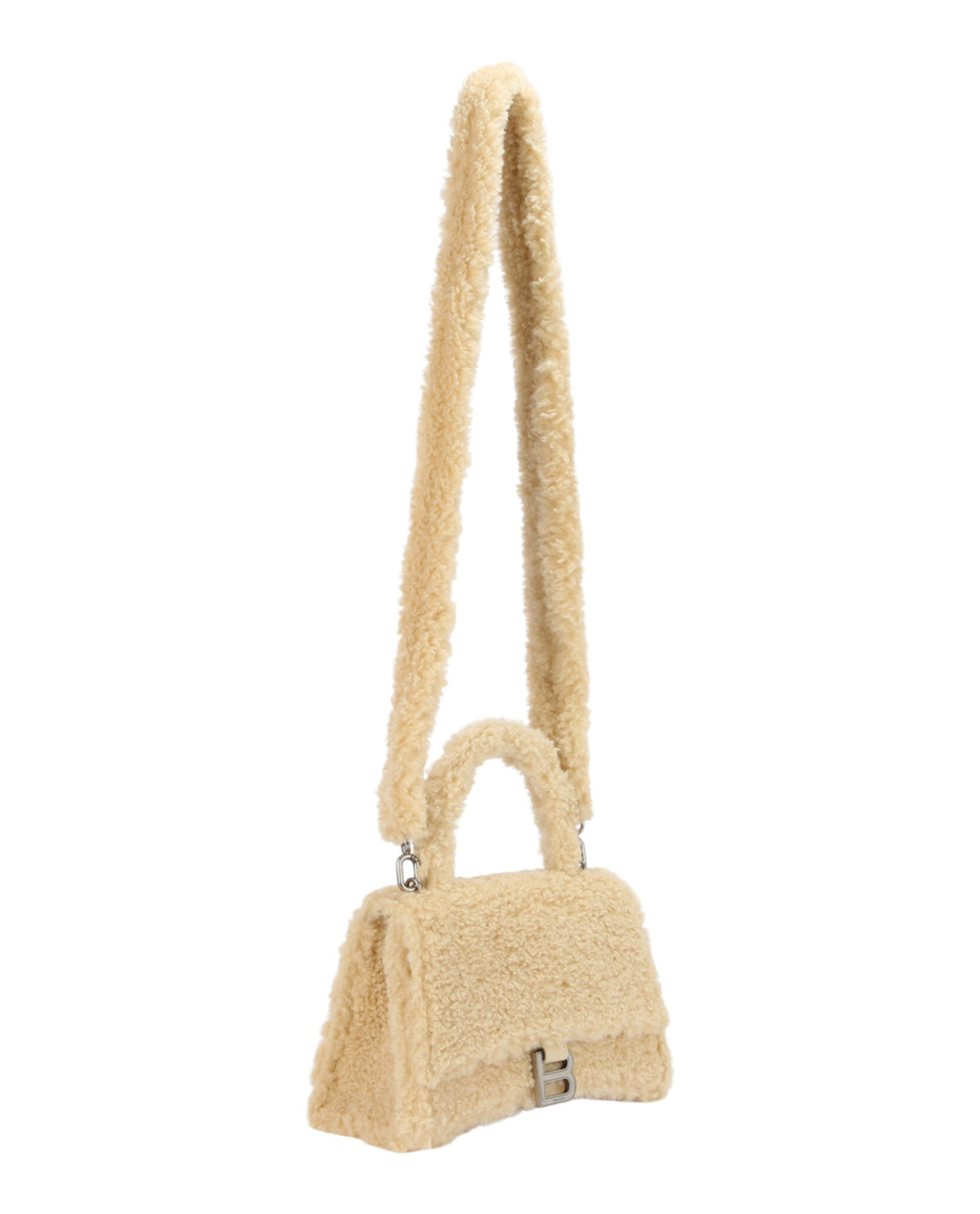 Balenciaga Womens Hourglass Faux Shearling Shoulder Bag