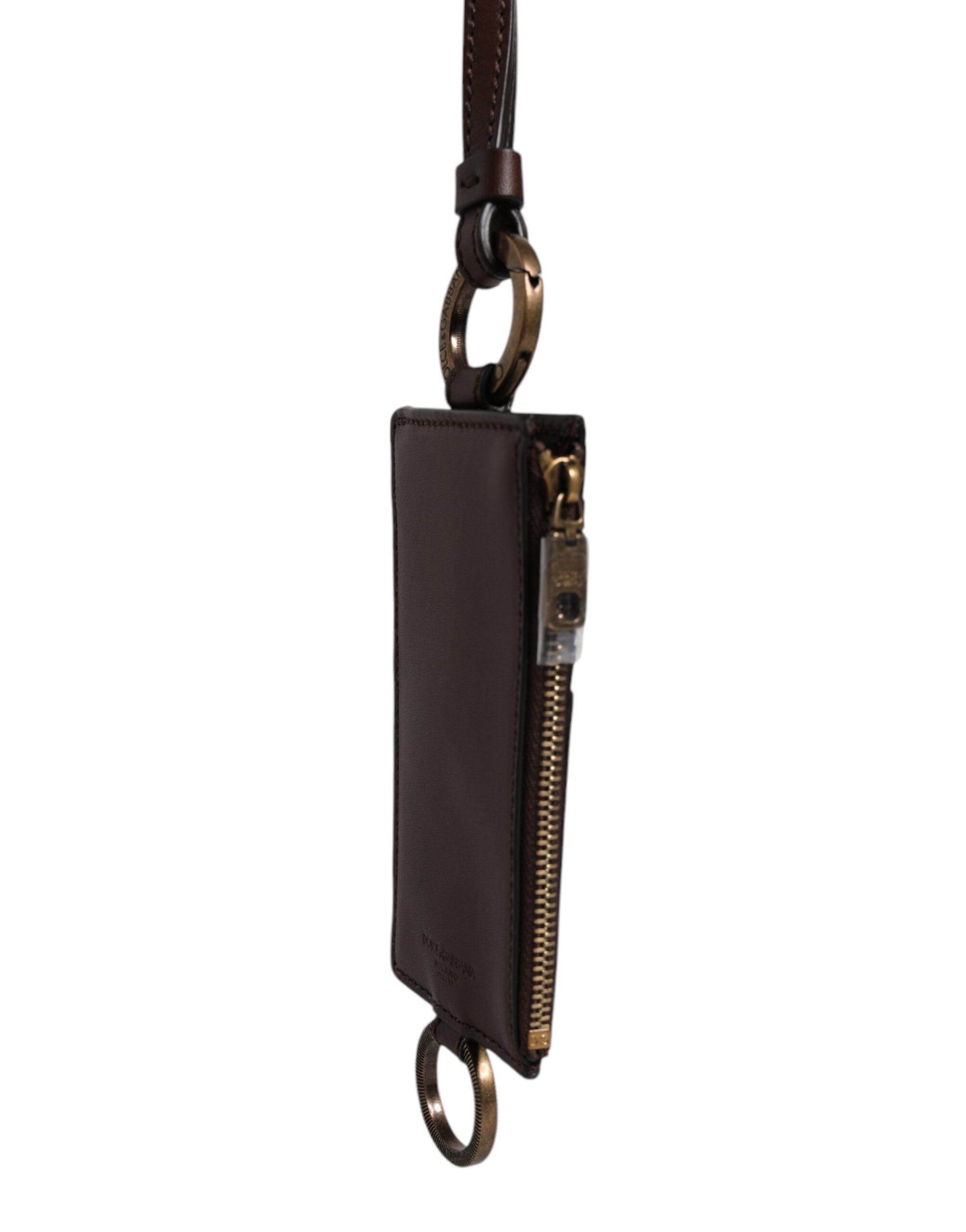 Dolce & Gabbana Dolce & Gabbana Brown Calf Leather Lanyard Logo Card Holder Men's Wallet