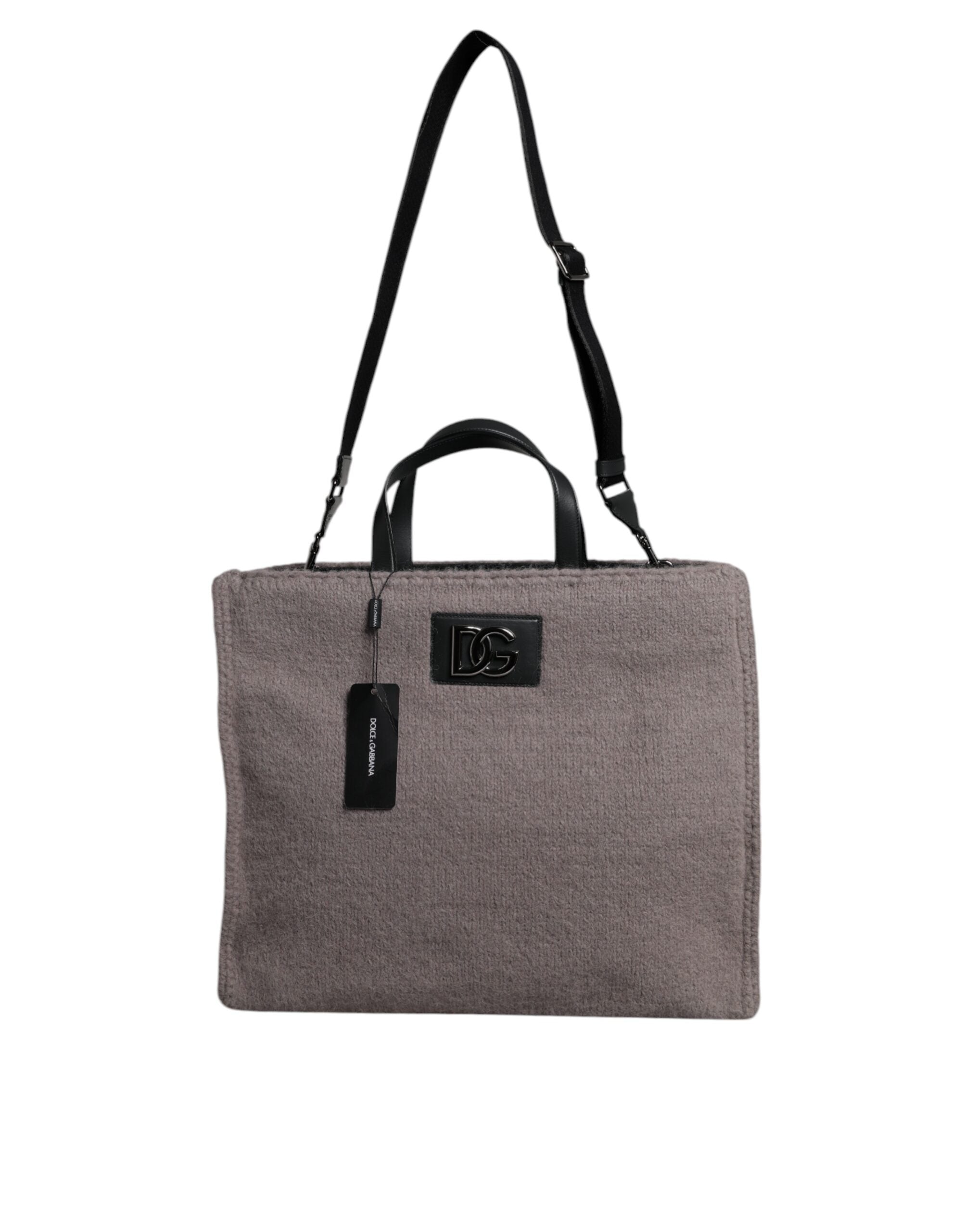 Dolce & Gabbana Grey Alpaca Wool Logo Plaque Tote Shoulder Men's Bag