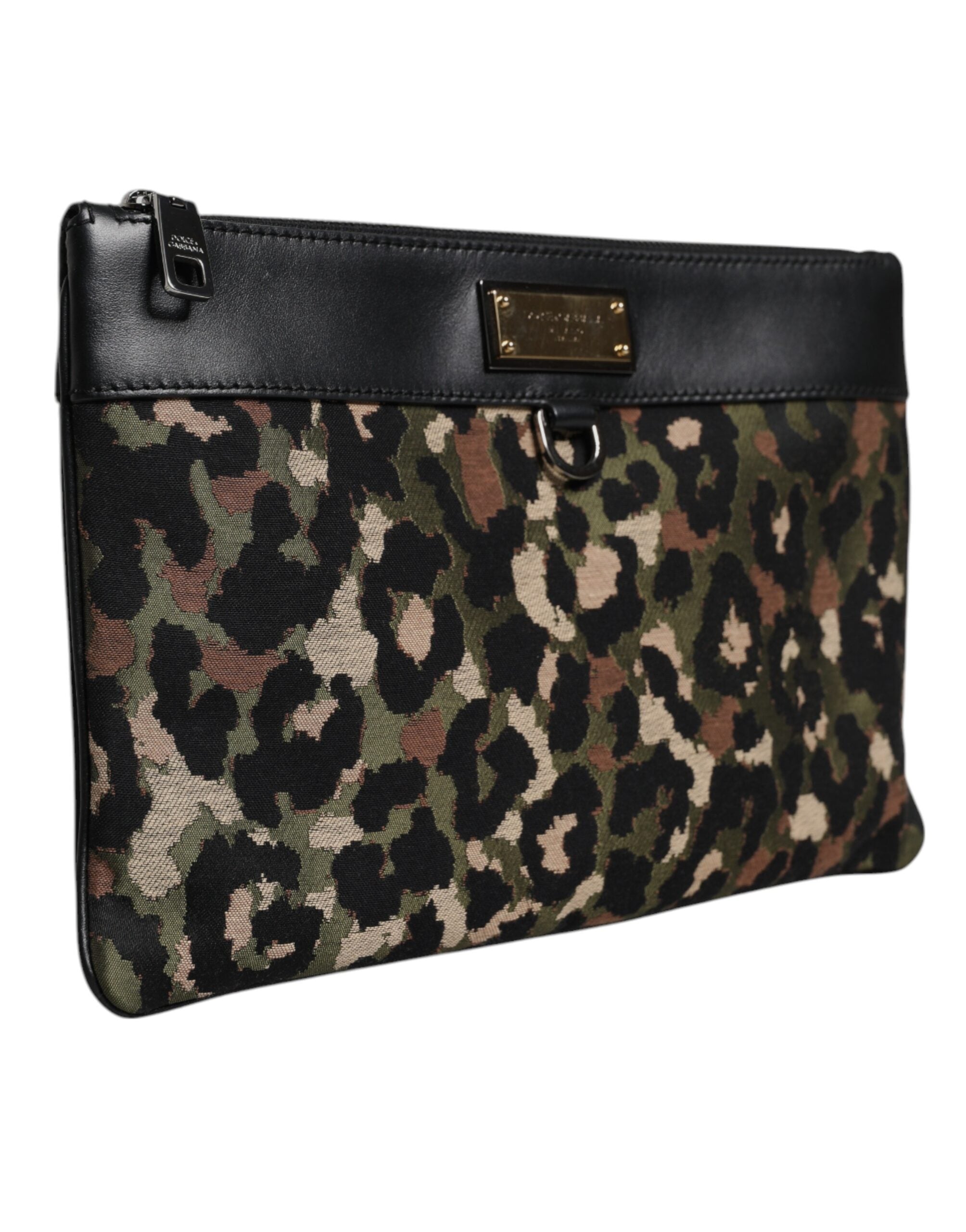 Dolce & Gabbana Multicolor Leopard Jacquard Print Logo Plaque Pouch Men's Bag