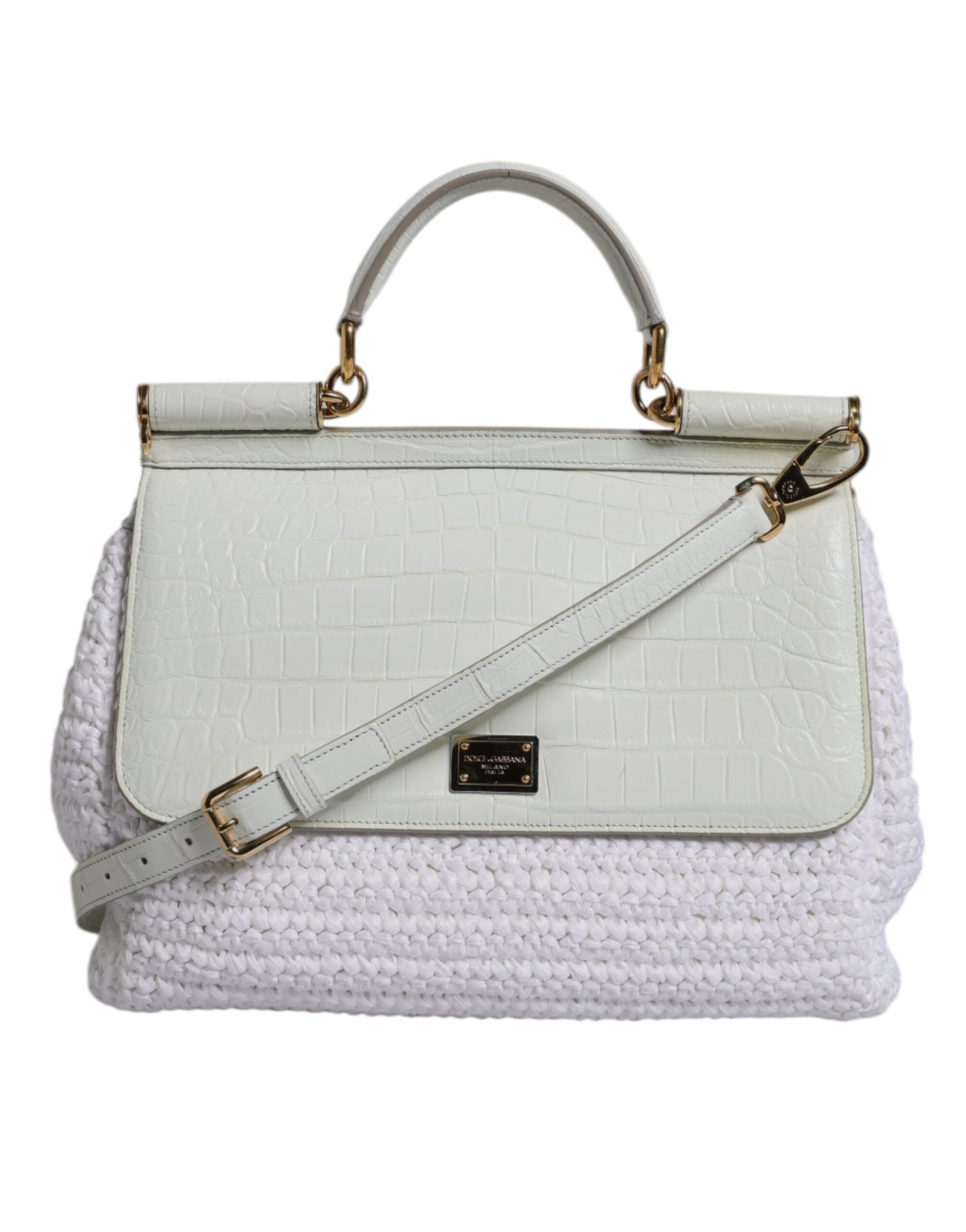 Dolce & Gabbana White Rafia Leather Top Handle Crossbody Women's Bag (Pre-Loved)