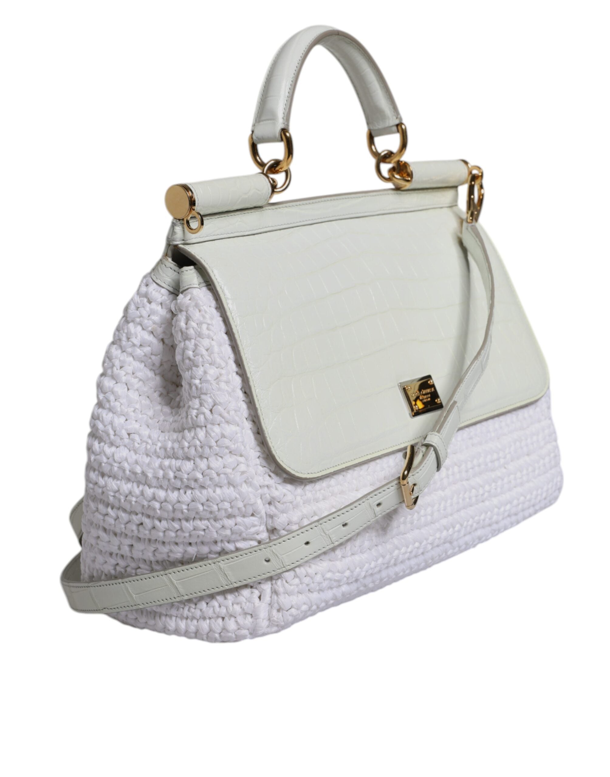 Dolce & Gabbana White Rafia Leather Top Handle Crossbody Women's Bag (Pre-Loved)
