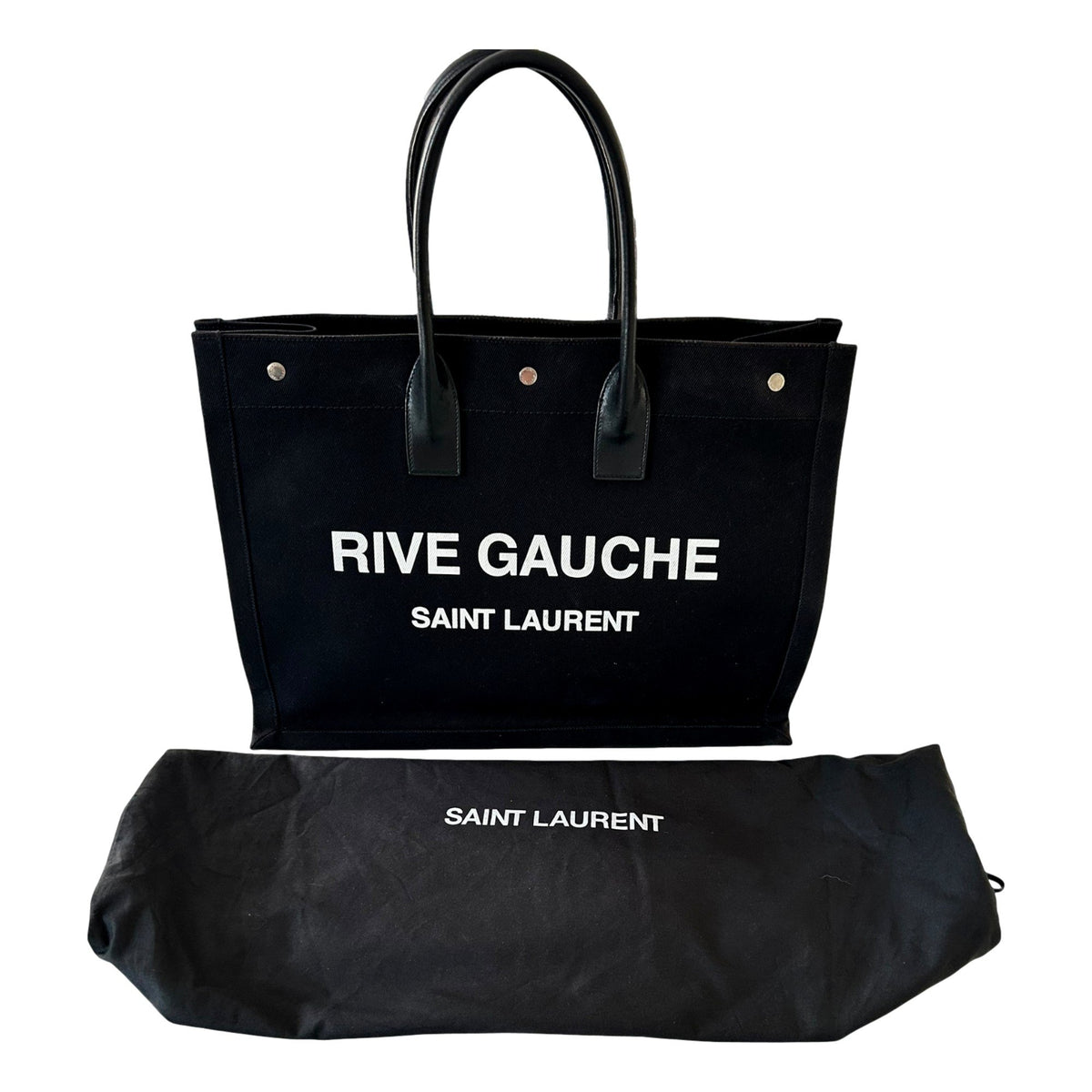 Saint Laurent Rive Gauche Black Canvas Leather Trim Tote Bag New