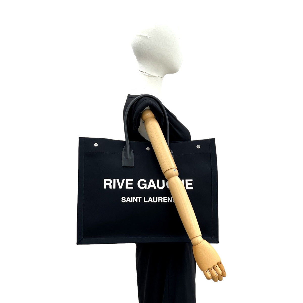 Saint Laurent Rive Gauche Black Canvas Leather Trim Tote Bag New