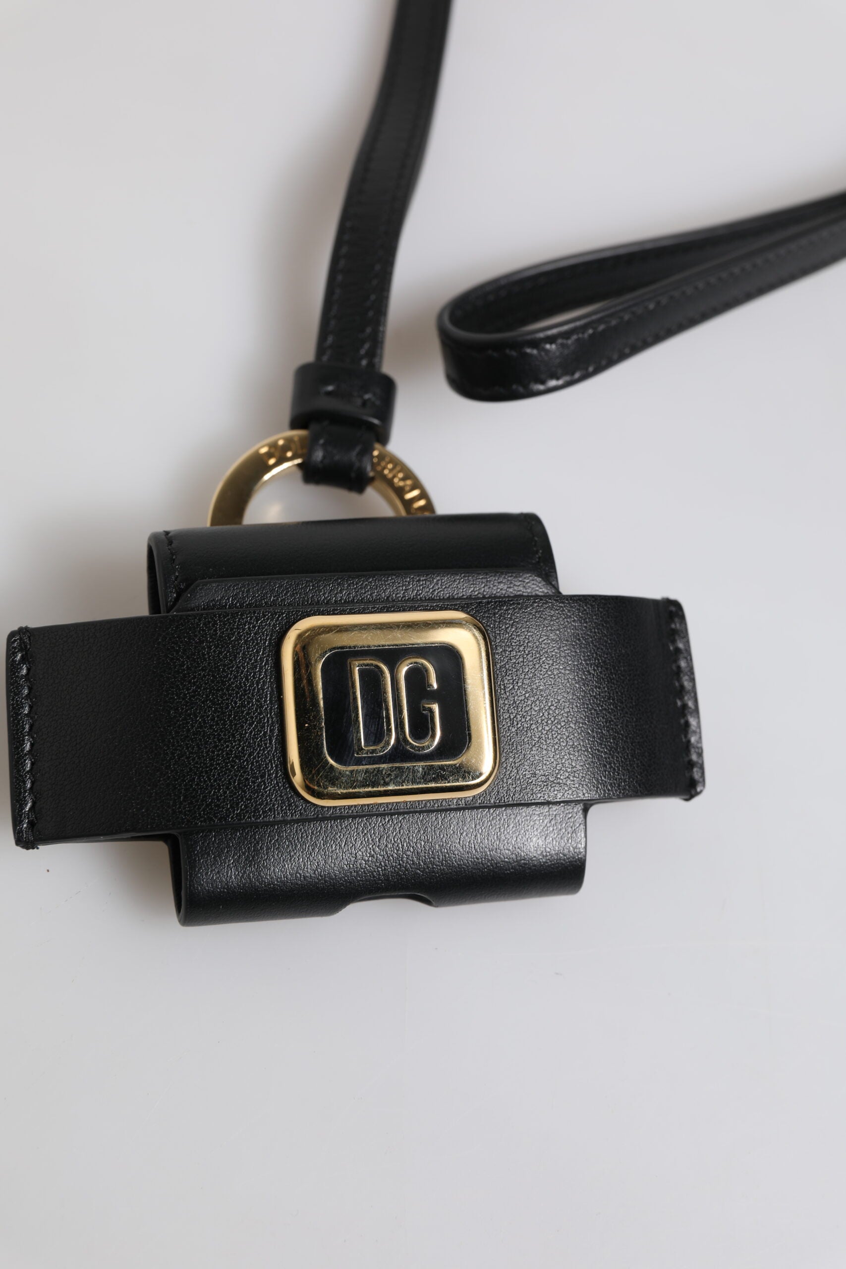 Dolce & Gabbana Dolce & Gabbana Black Leather Strap Gold Metal Logo Plaque Airpods Men's Case
