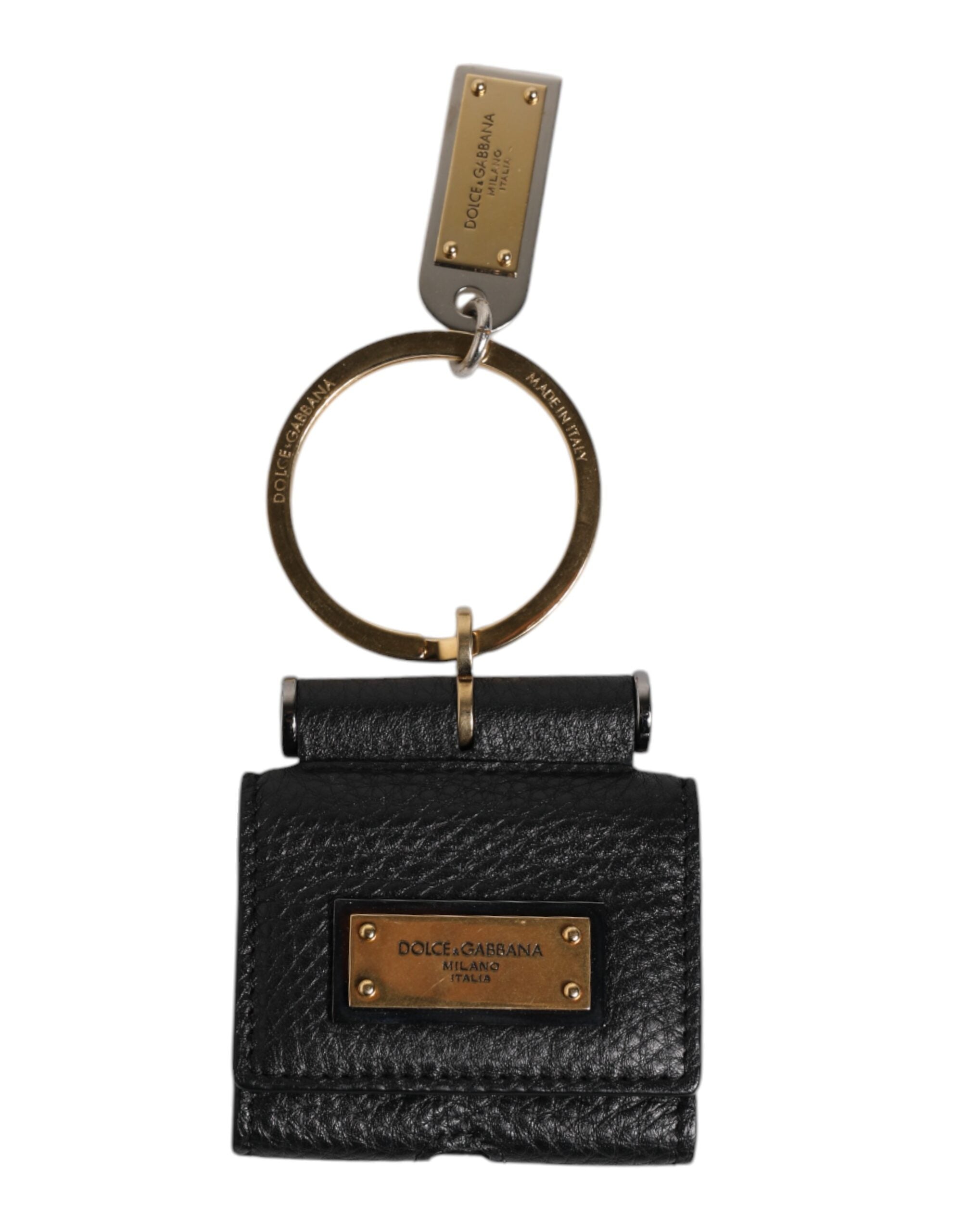 Dolce & Gabbana Black Leather Strap Gold Metal Logo Plaque Airpods Men's Case
