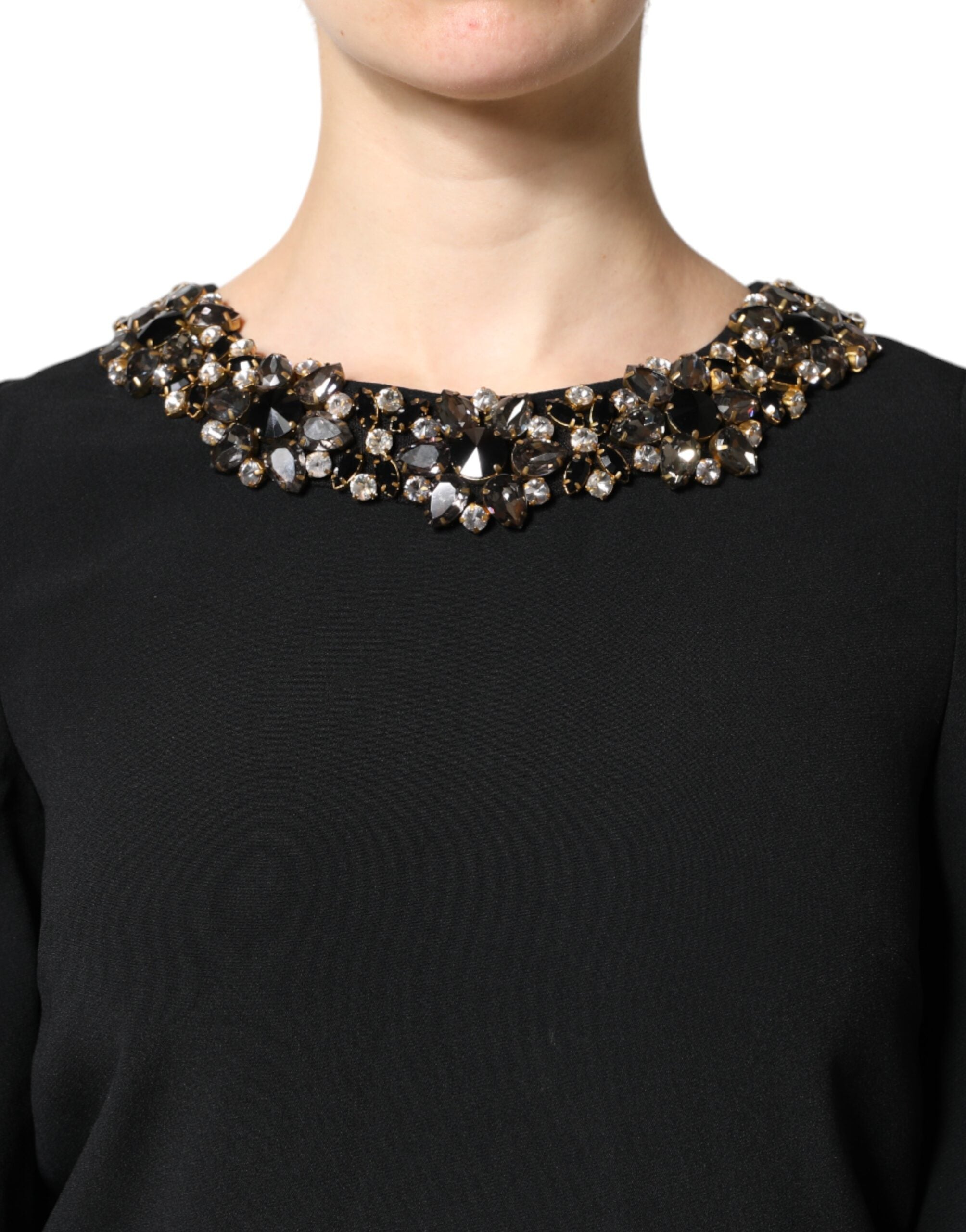 Dolce & Gabbana Black Crystal Embellished Round Neck Mini Women's Dress
